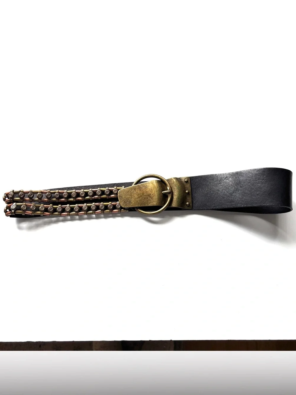 Black Leather Belt w/ Brass Gold Copper Metal Chain Hardware M-L Chicos vintage